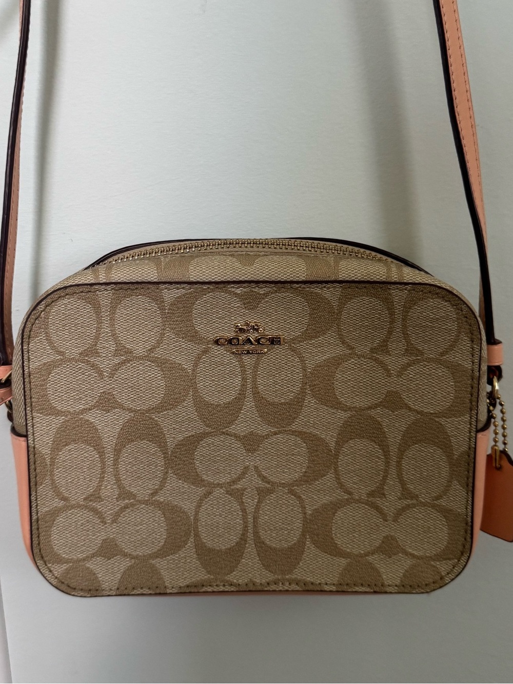 Coach Signature Canvas Crossbody in Khaki/Tan with Pink Trim